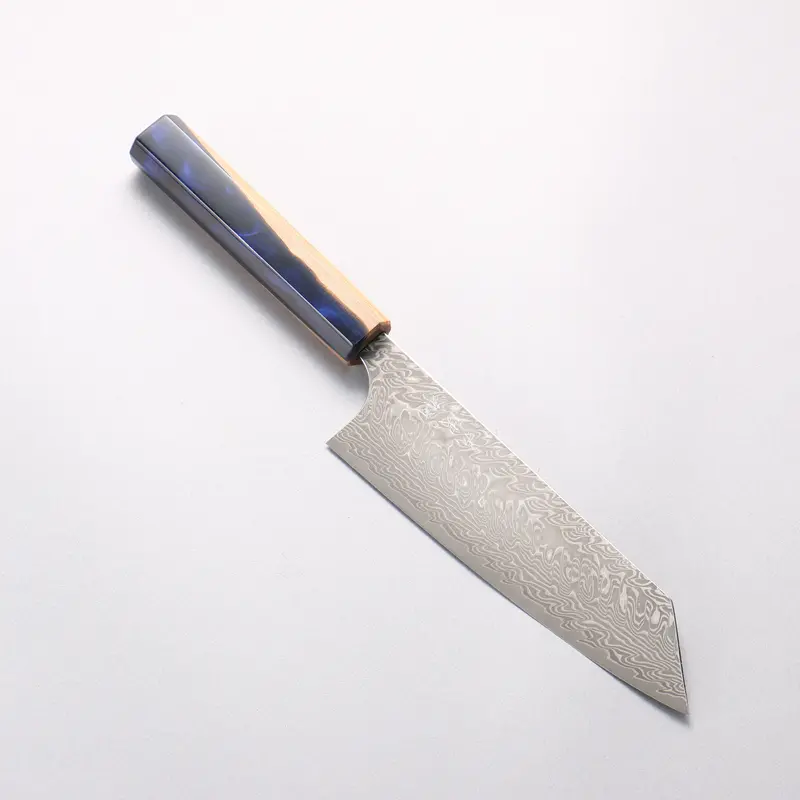 Yoshimi Kato Sg2 Black Damascus Bunka – 170Mm Utility Knife, Olive Tree & Blue Resin Handle 1