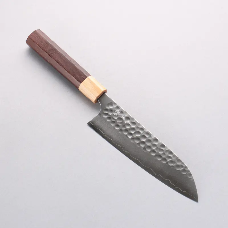 Yoshimi Kato Silver Steel No.3 Santoku Knife – 170Mm Hammered Maru Finish, Honduras Wood Handle With White Pakka Ferrule 1