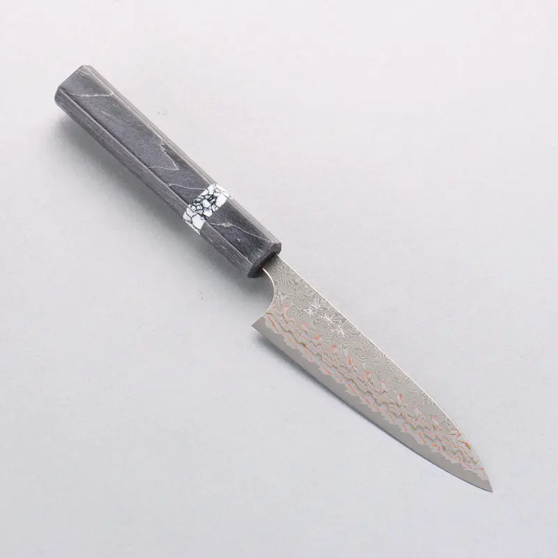 Yoshimi Kato Vg10W Colored Damascus Petty Utility Knife – 120Mm With Gray Stabilized Wood Handle & White Turquoise Ring 1