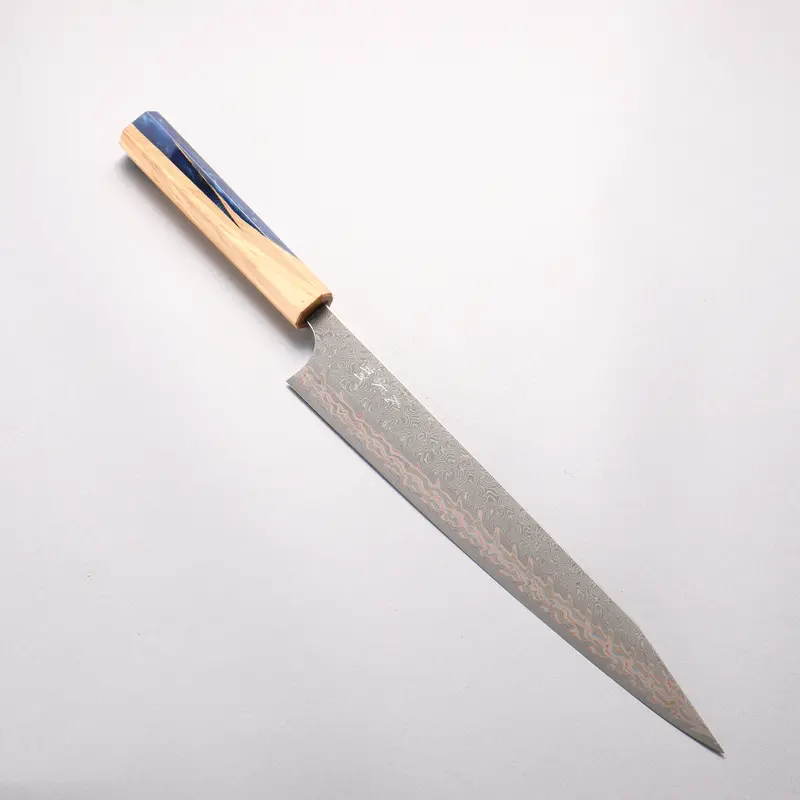Yoshimi Kato Vg10W Colored Damascus Sujihiki – 270Mm Olive Wood Handle With Blue Resin Detail 1