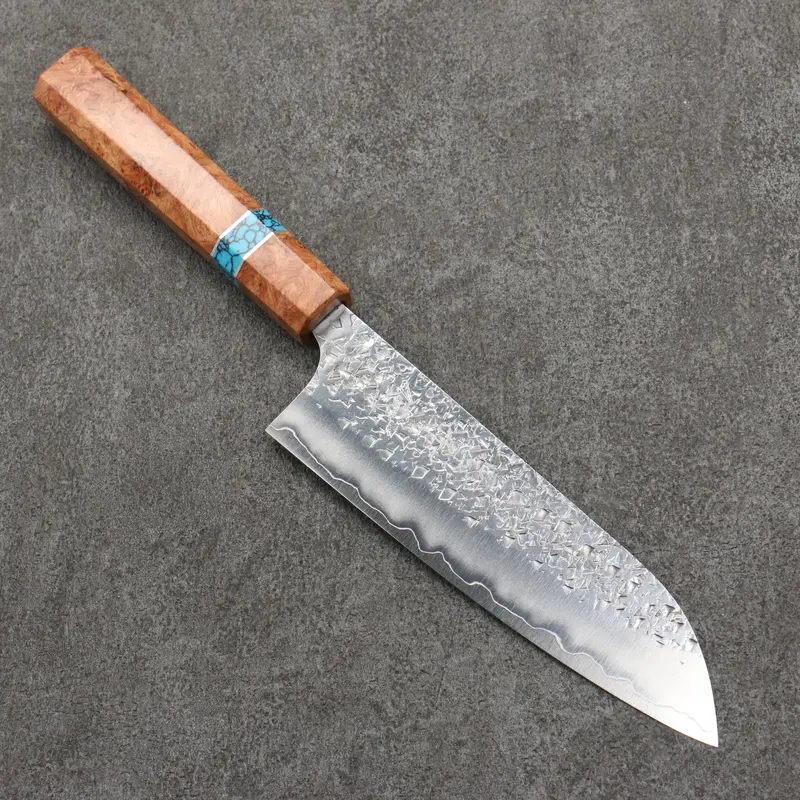 Yu Kurosaki Shizuku Sg2 Hammered Santoku – 165Mm Chinese Quince Burl Handle With Turquoise Ring 1