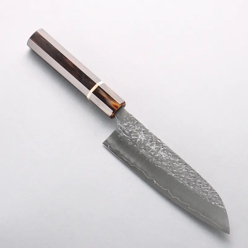 Yu Kurosaki Shizuku Sg2 Hammered Santoku – 170Mm Ebony Handle With Marbled Water Buffalo Horn Ferrule 1