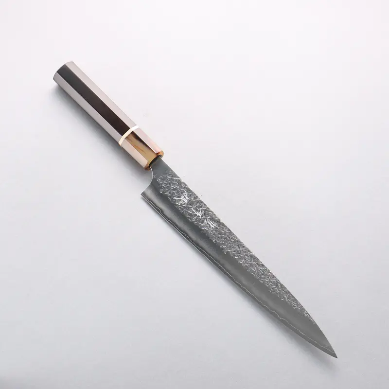 Yu Kurosaki Shizuku Sg2 Hammered Sujihiki – 240Mm Ebony Handle With Marbled Water Buffalo Horn Ferrule 1