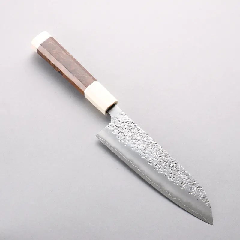 Yu Kurosaki Shizuku Sg2 Santoku Knife – 170Mm Hammered Blade, Chinese Quince Handle With White Ferrule & End Cap 1