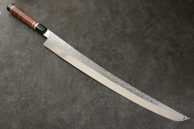 Yu Kurosaki Shizuku Sujihiki – 450Mm Sg2 Hammered Sakimaru Blade, Chinese Quince Handle With Double Water Buffalo Rings & Sheath 1