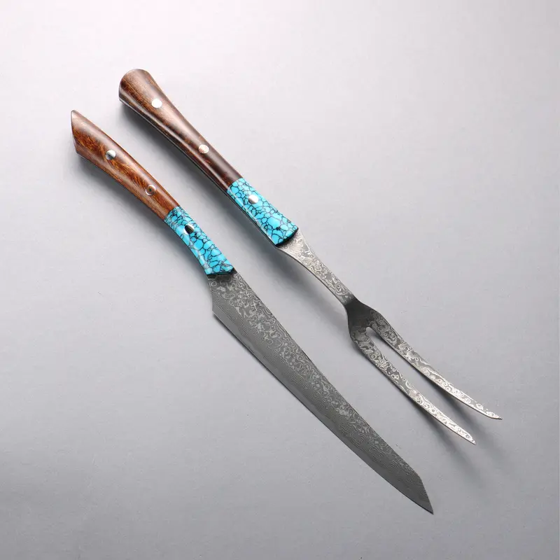 Yuma Oba Carving Set – Vg10 Damascus Knife & Fork Pair (200Mm), Ironwood & Turquoise Inlay Handle 1
