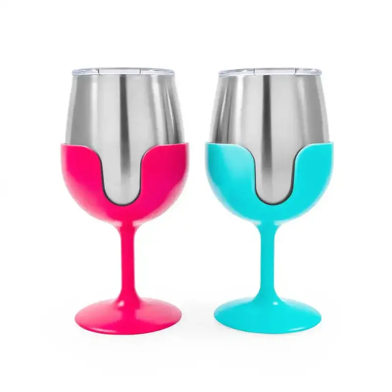 Camco 51915 Stainless Steel Campsite Drinking Glass With Bpa-Free Lid – Blue And Pink Removable Stem 1